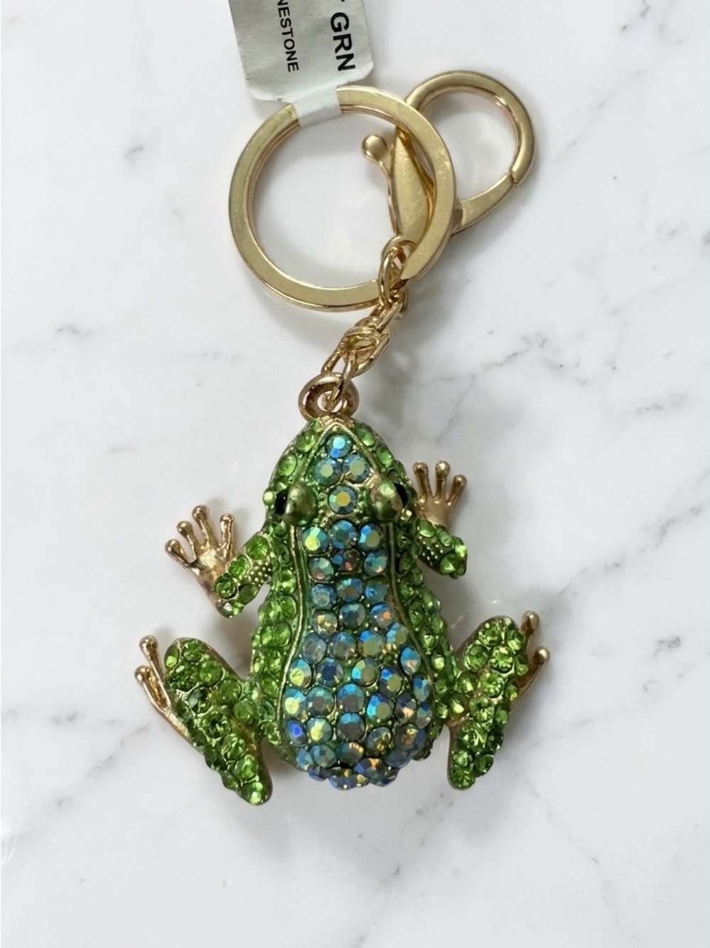 NWT Sparkling Green Rhinestone Frog Keychain & Bag Charm Gold-Tone Crystal Frog - Picture 2 of 4